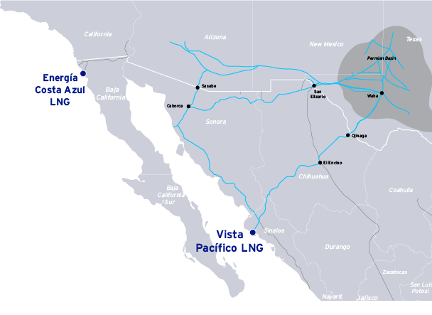 Map of Baja California and Sempra's LNG projects on the Pacific Coast