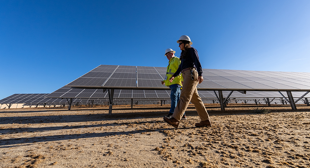 SDG&E team members walk through one of the company's first solar panel fields