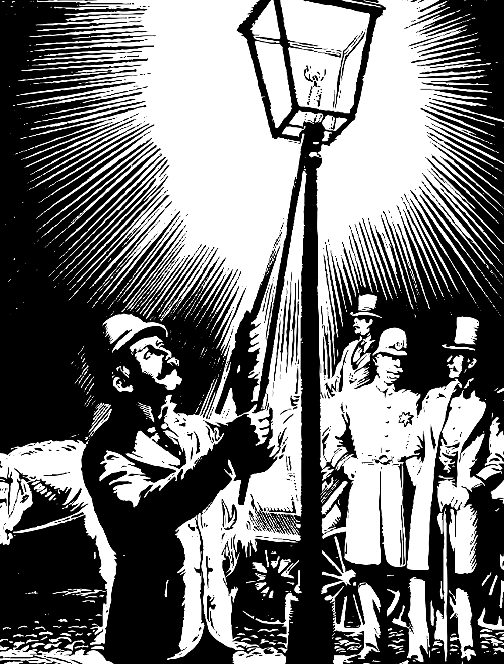 A historical illustration of a lamplighter lighting a gas lamp while three other people observe
