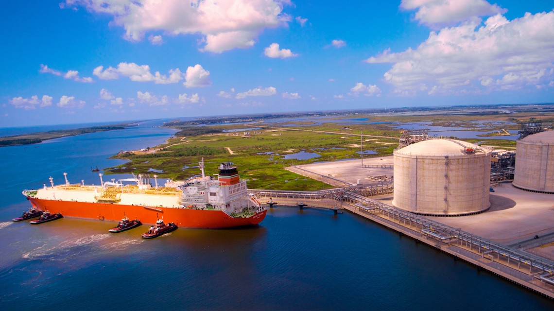 Cameron LNG tanks and an LNG carrier ship