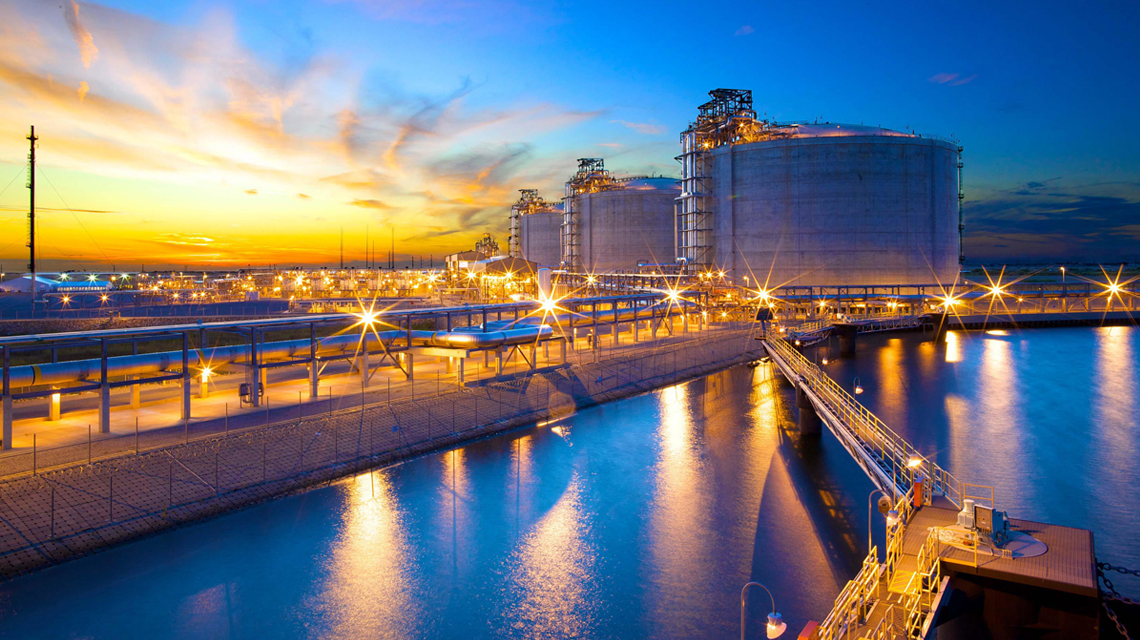 Cameron LNG tanks at sunset