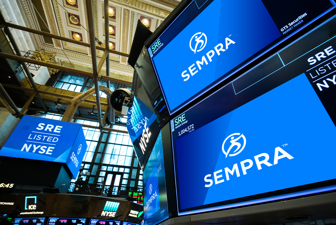 The Sempra logo displayed on multiple screens at the New York Stock Exchange