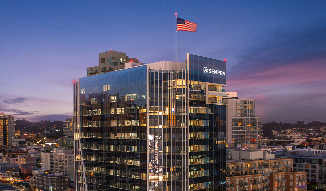 The Sempra HQ building in San Diego California at dawn